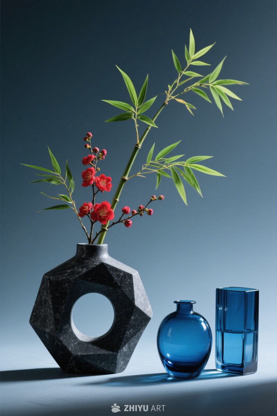 黑色石质花瓶，瓶中插着几枝简约竹子和一束梅花，旁边搭配两个不同大小的花瓶 1