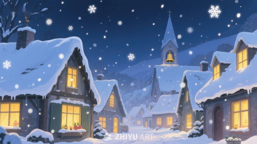 雪夜小镇的温馨圣诞景象 432