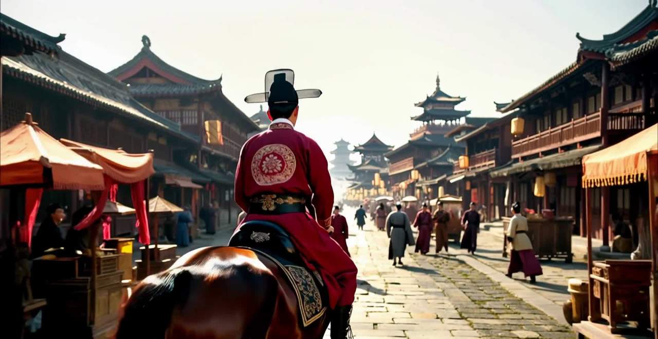 一名身穿红色中国古代服装的年轻男子骑着棕色高头大马