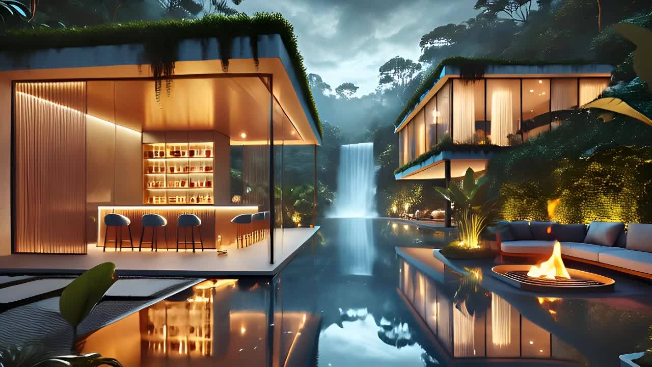 画面中展示了两栋现代建筑，建筑顶部有绿植覆盖。一栋