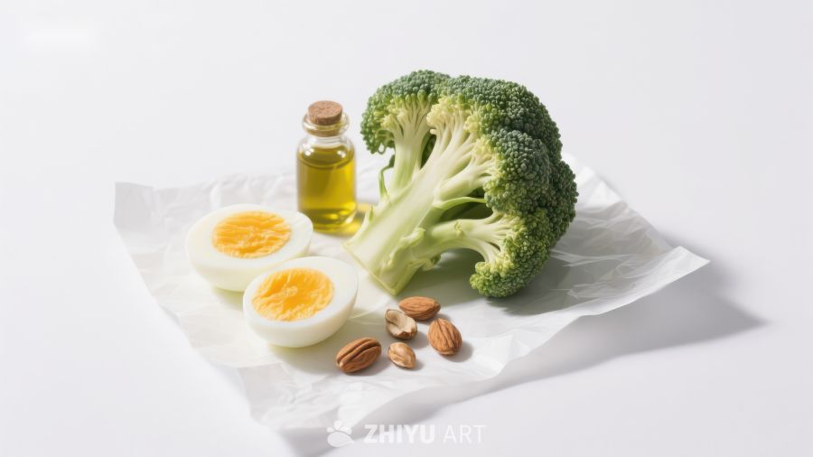 健康食材组合：西兰花、鸡蛋、坚果与橄榄油