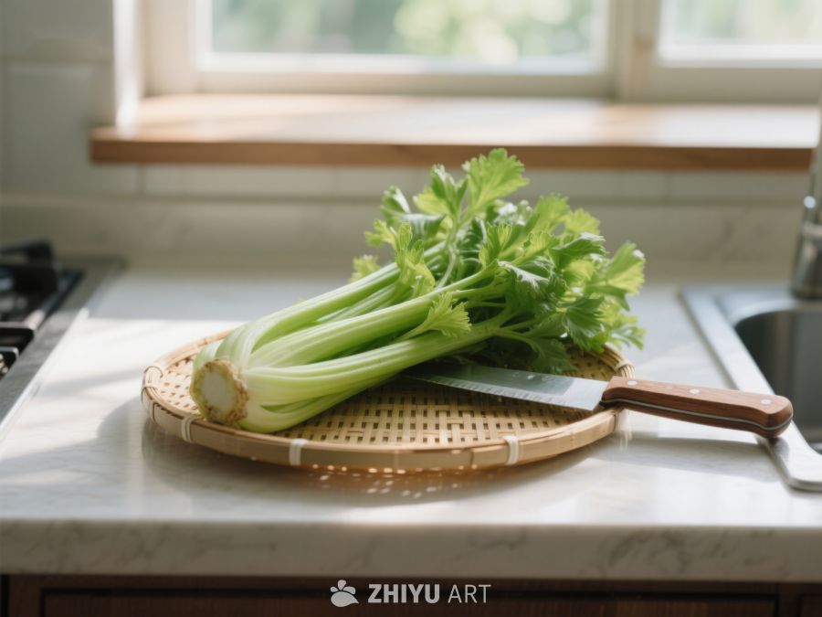厨房台面上的芹菜与刀具 94
