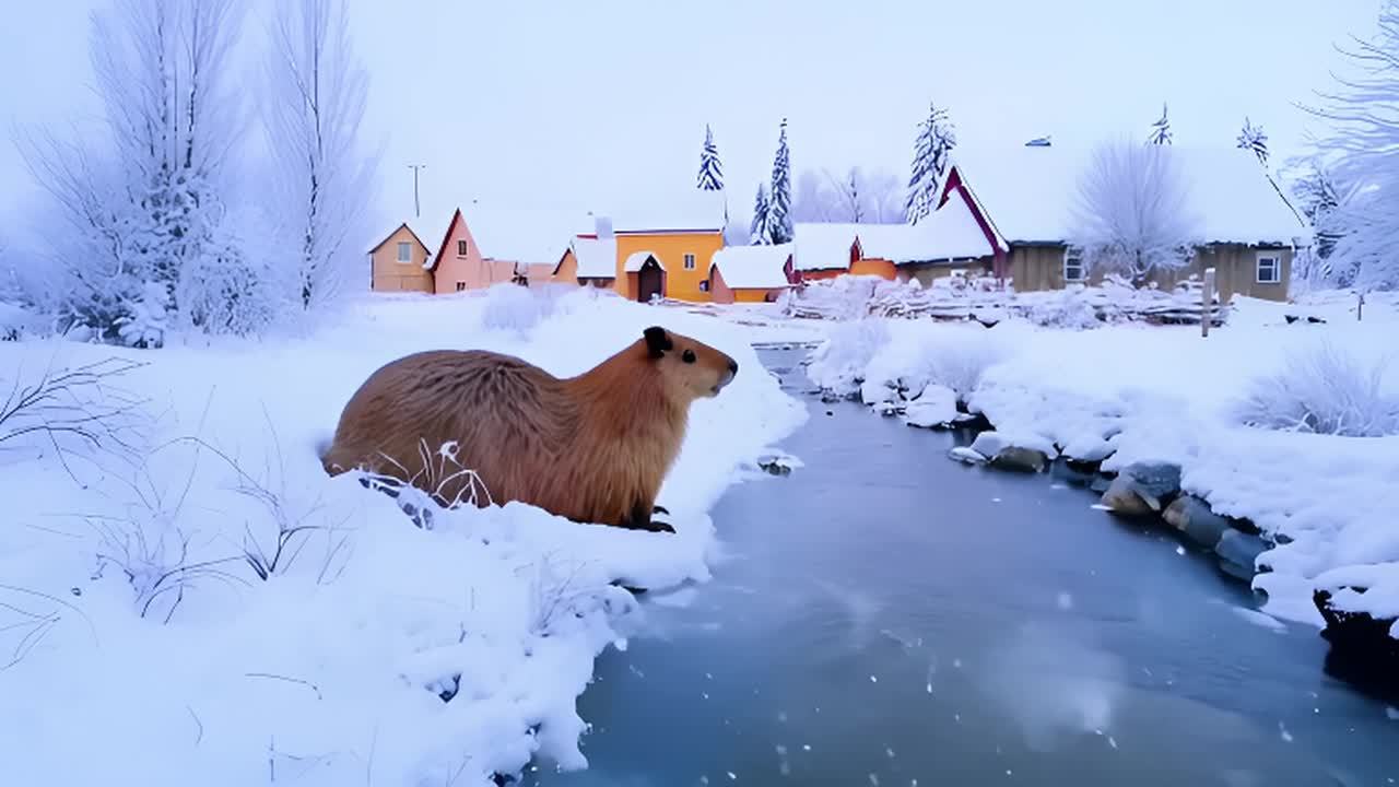 一只水豚站在一条结冰的小溪旁，背景是覆盖着雪的村庄