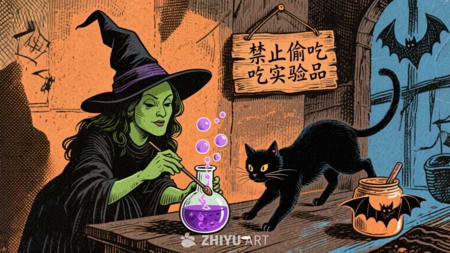 女巫实验魔法，黑猫好奇围观