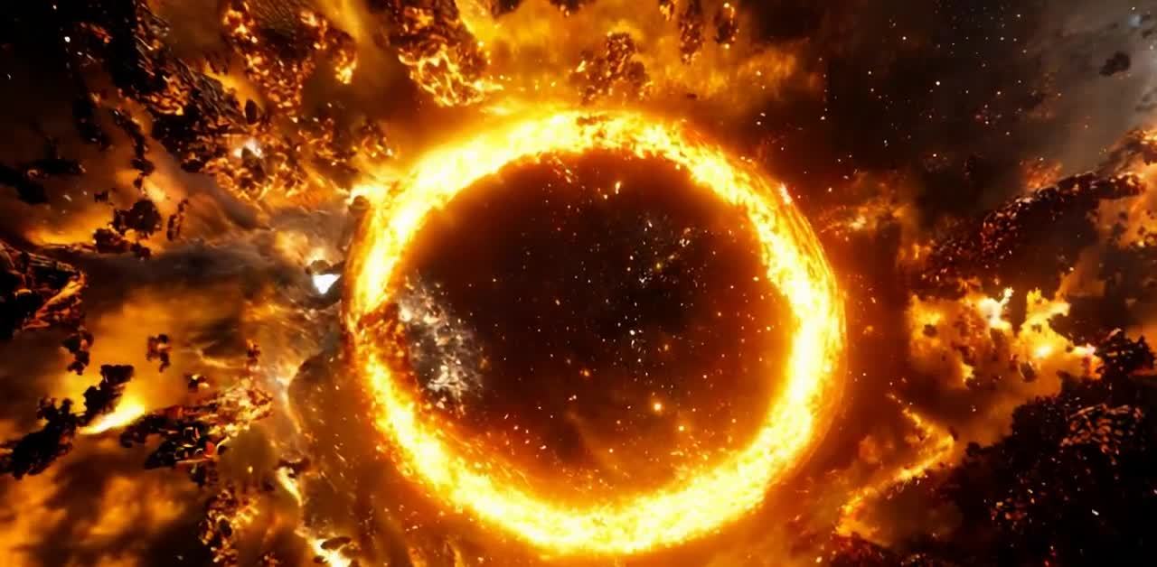 宇宙奇点爆发：橙色时空旋涡中星云环绕