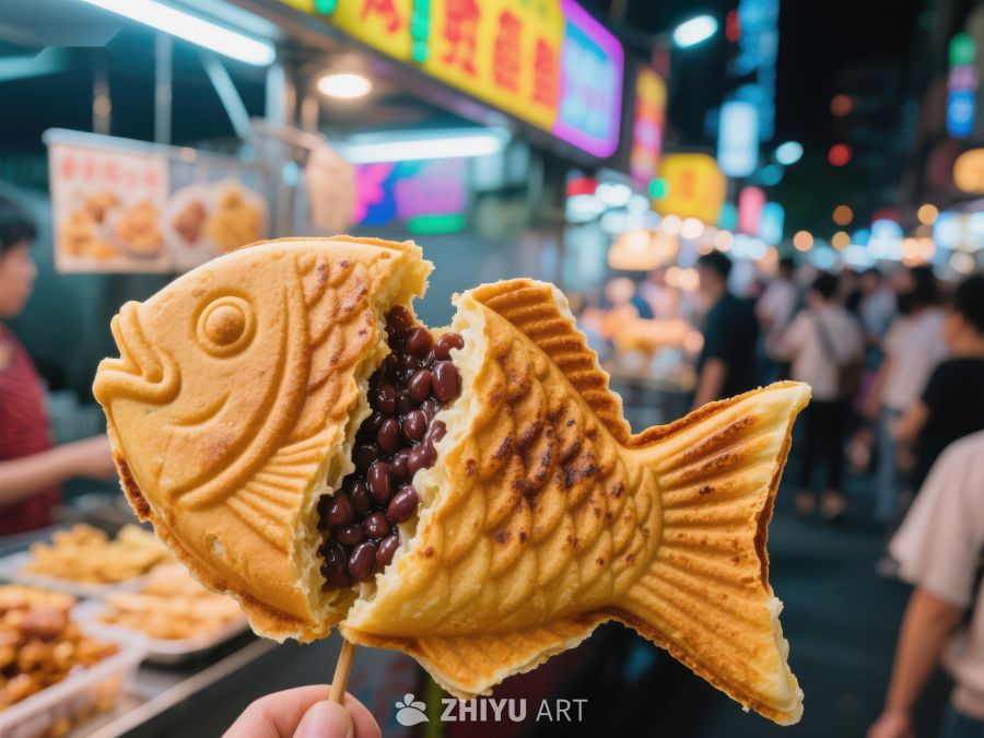 夜市鱼形饼，红豆馅料诱人