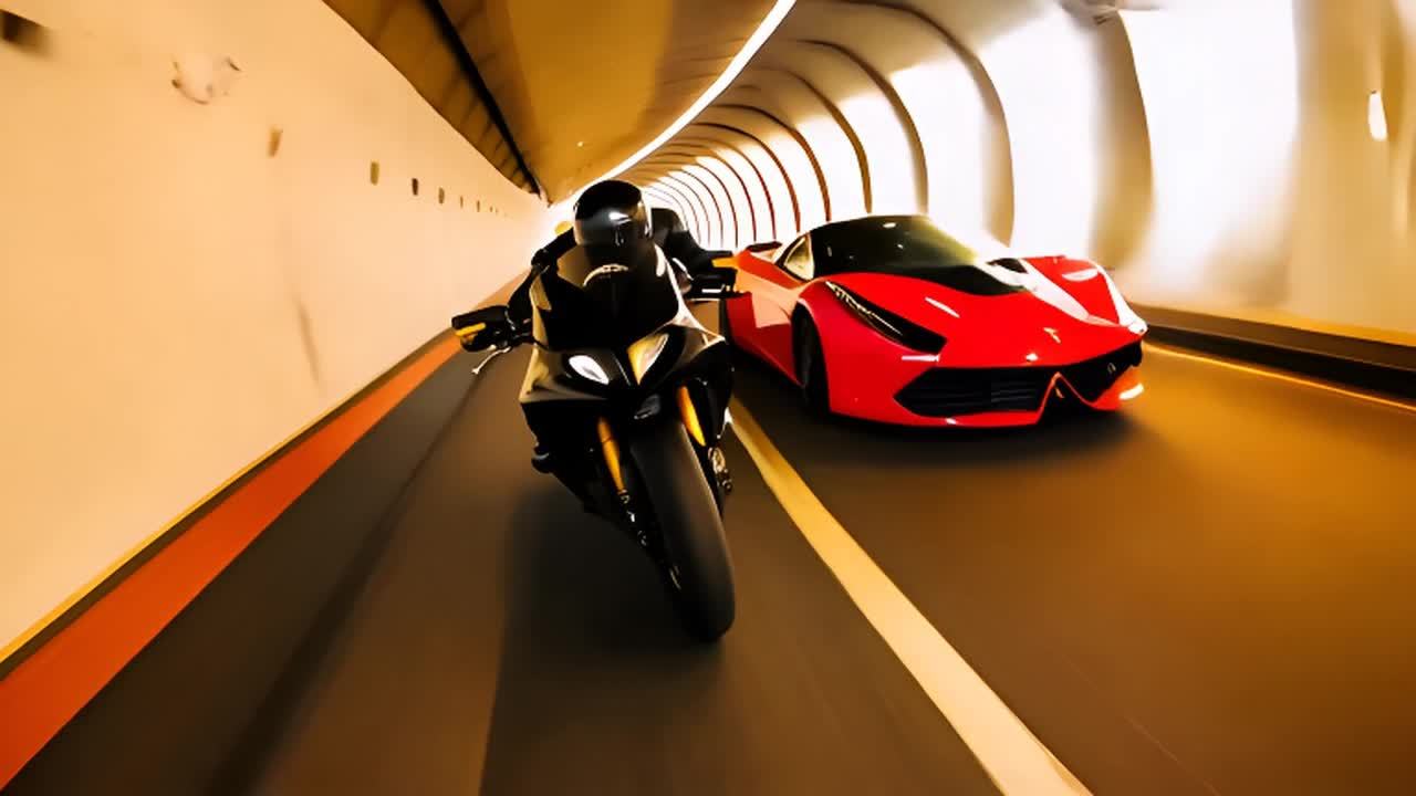 隧道内，一名身穿黑色橡胶套装的女性摩托车手正驾驶一