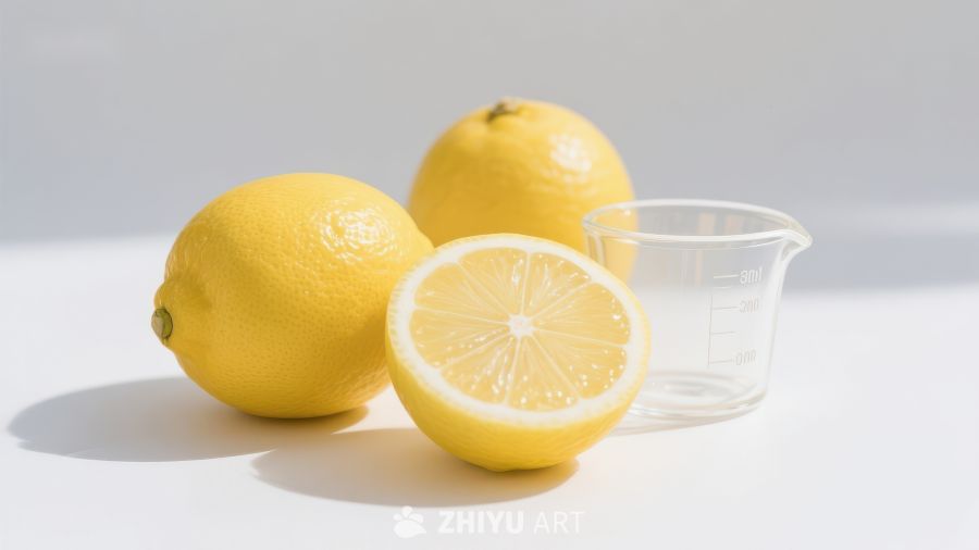 新鲜柠檬与量杯静物图