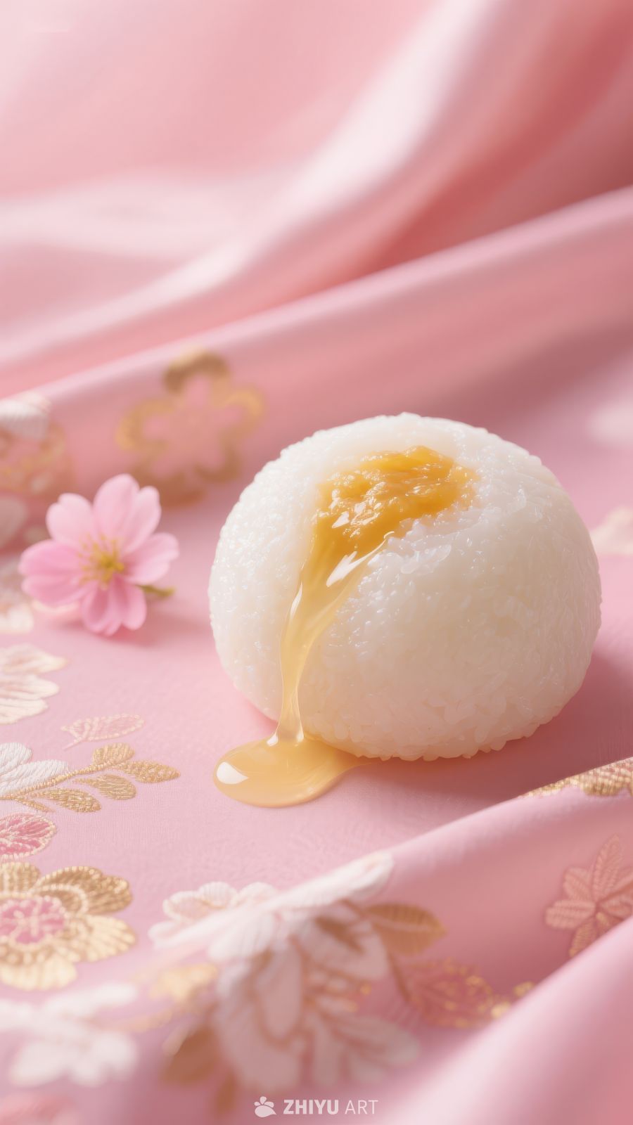 糯米团子淋蜂蜜，粉色布料衬托