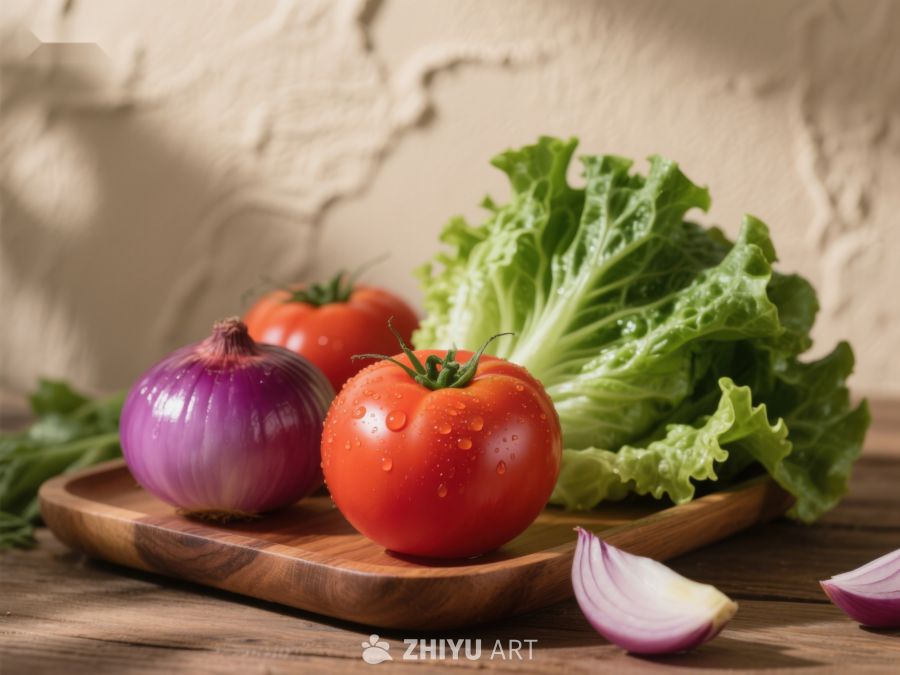 新鲜蔬菜静物：番茄、洋葱与生菜 528