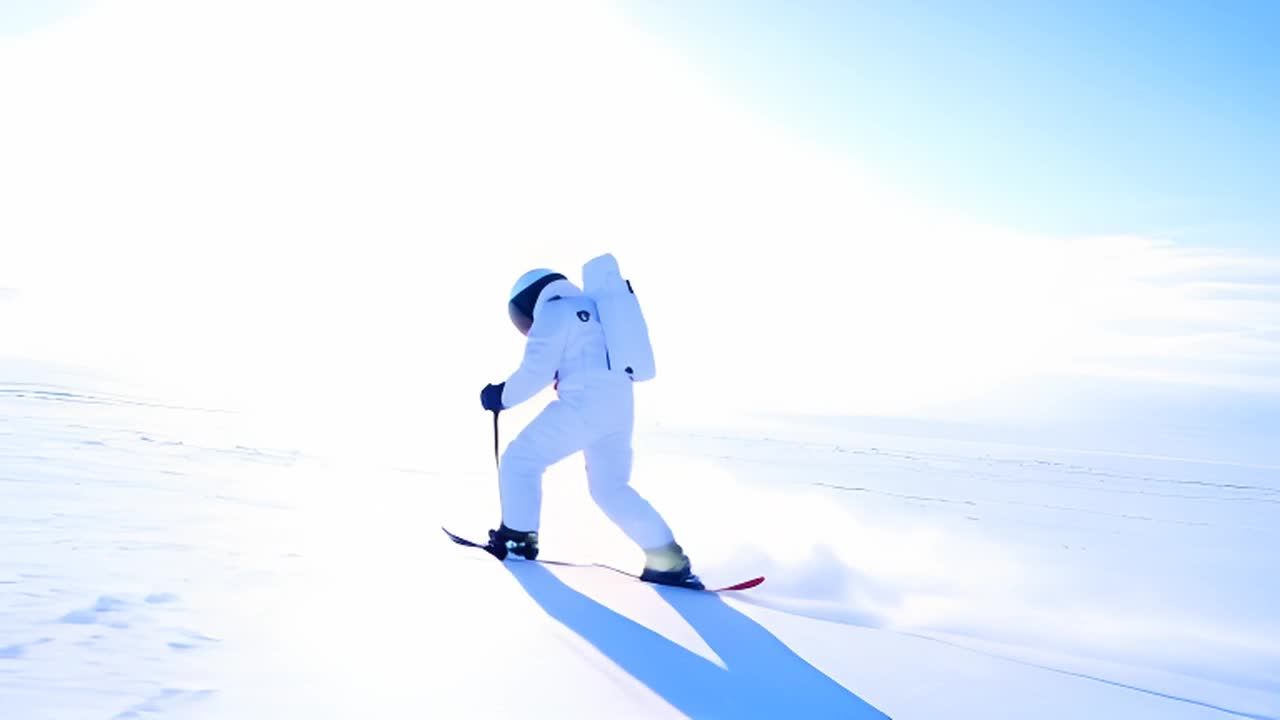 宇航员穿着白色的宇航服，戴着黑色的头盔。他们在雪地