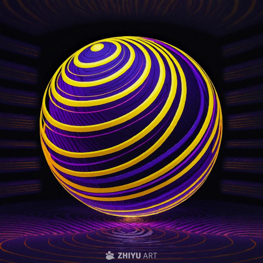 一个大的、色彩鲜艳的球体是画面的主要焦点。球体周围