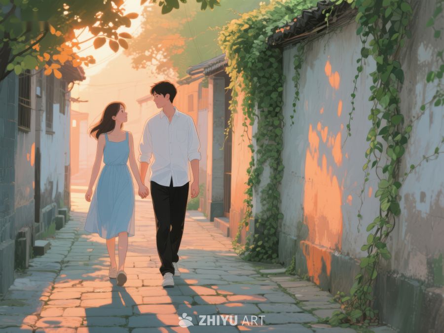 情侣漫步古巷，夕阳洒满青石路 546