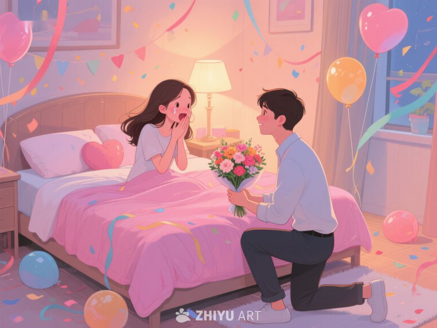 浪漫求婚场景，男子献花女子惊喜 414