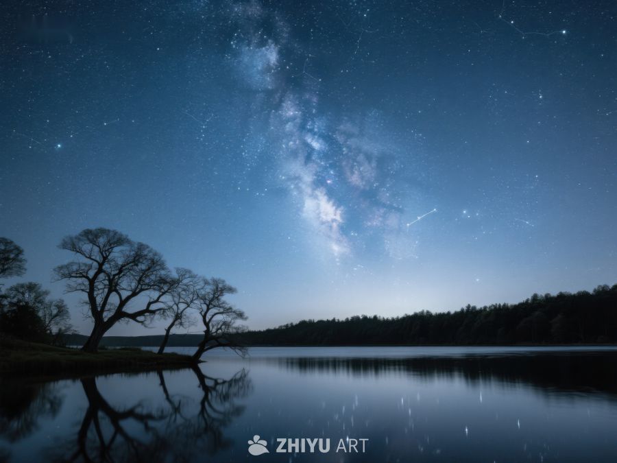 银河映照湖面，夜空下的宁静美景 547