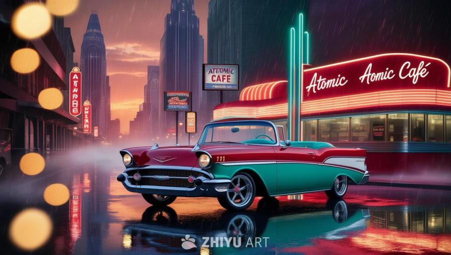 一辆光滑的1957年雪佛兰Bel Air在霓虹灯照