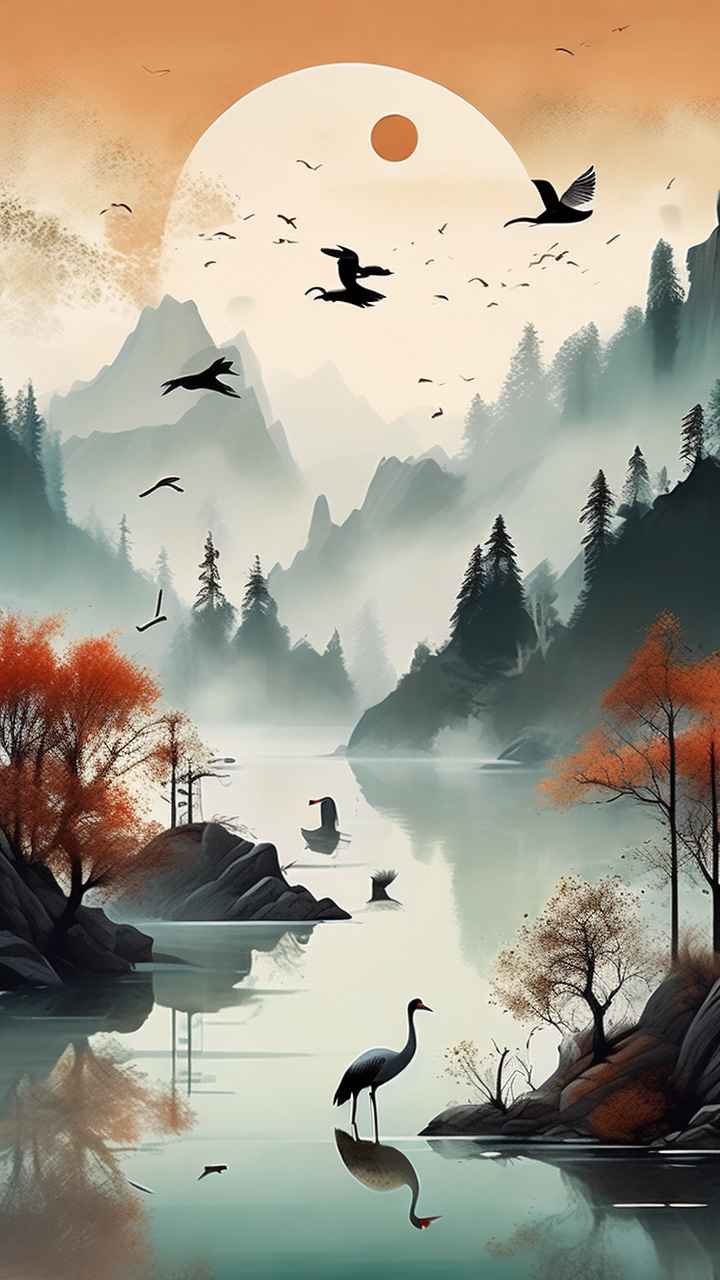 国风鹤山水风景插画 7