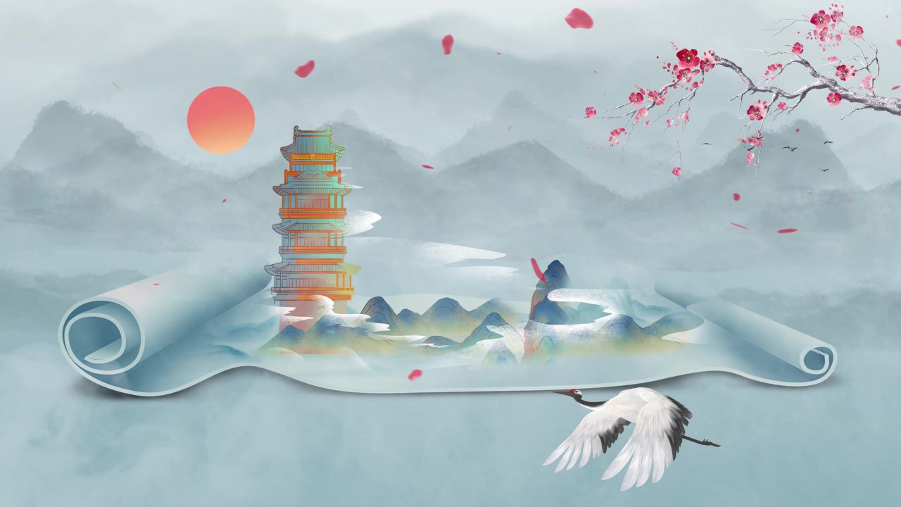 古风卷轴开场LED背景中国风意境水墨山水画舞台视频动态背景素材 34