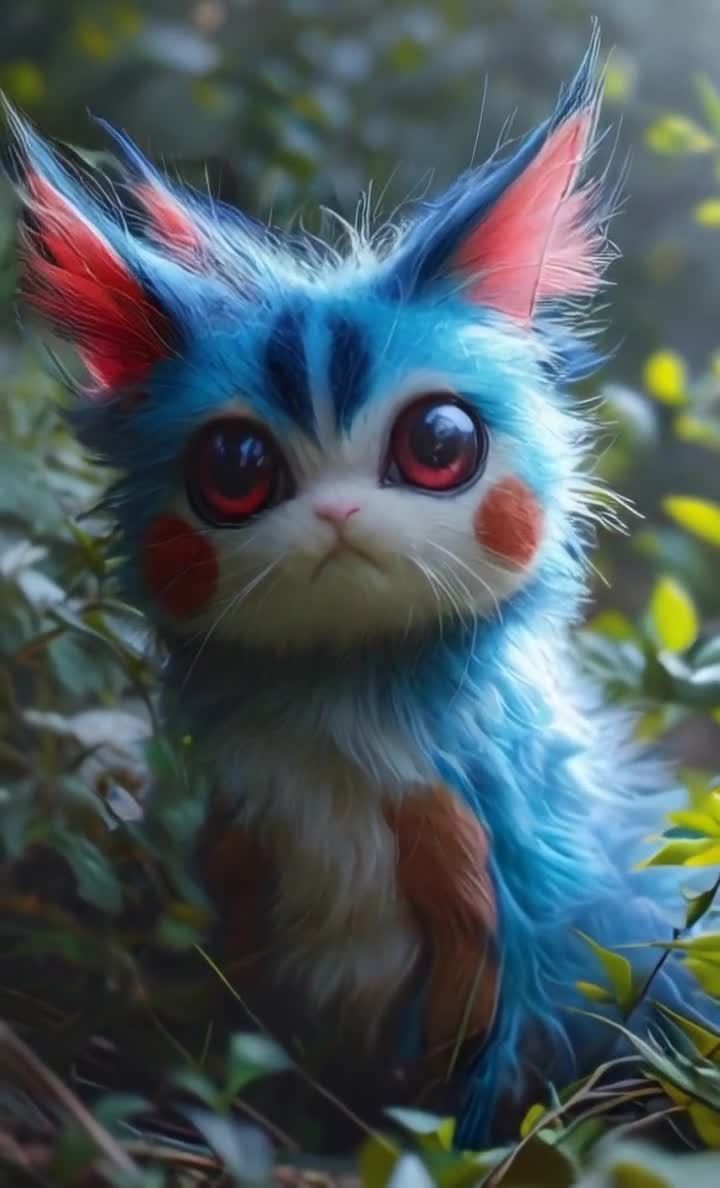 一只蓝白毛发的小猫，拥有红色的眼睛和脸颊上的红点。