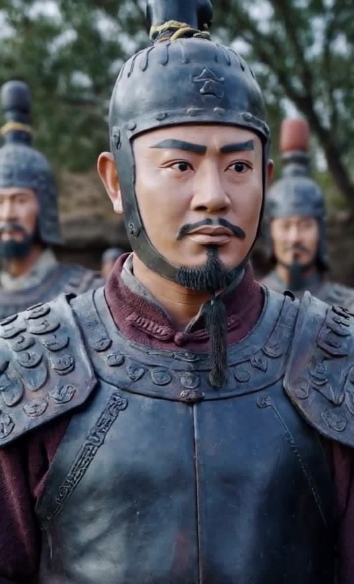 身穿盔甲的将军，手持武器，眼神坚毅。