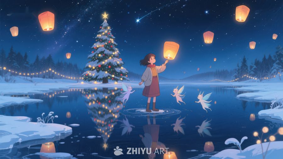 冬夜湖畔的圣诞树与提灯少女 41