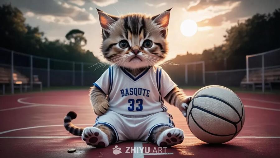 一只小猫坐在篮球场上，它穿着印有“BASQUETE