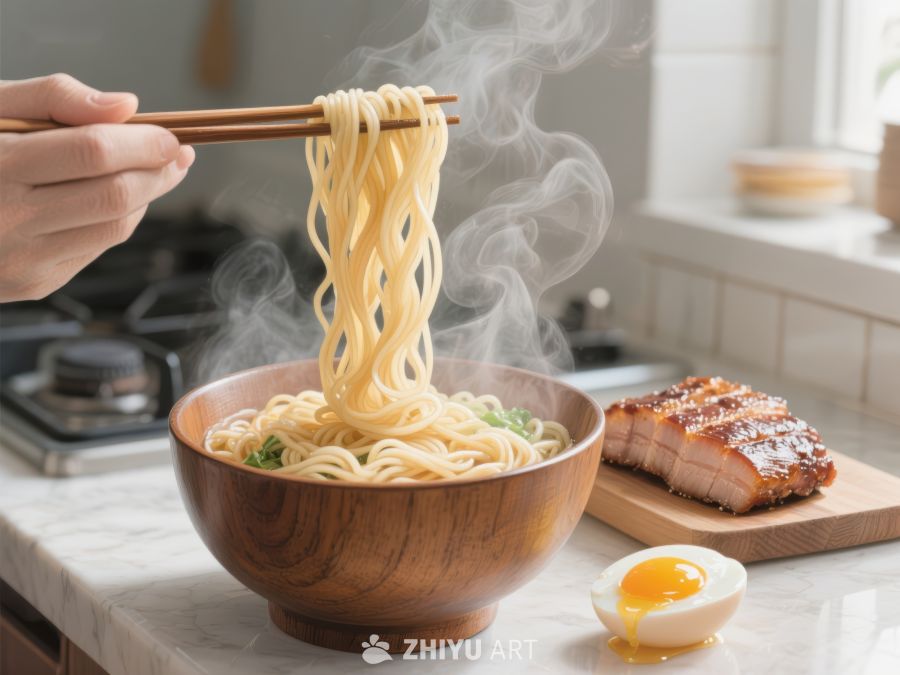热气腾腾的面条与叉烧配蛋黄 907