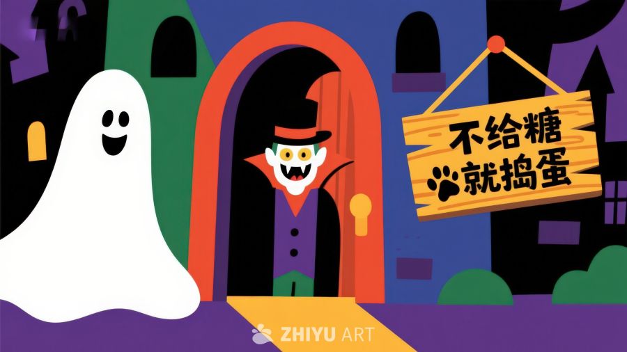 万圣节鬼屋门前的幽灵与怪人