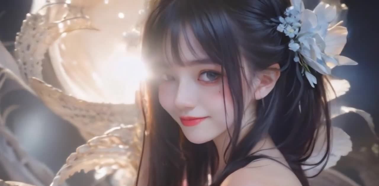 一位年轻女孩的半身像，她拥有一头乌黑的头发，头戴白