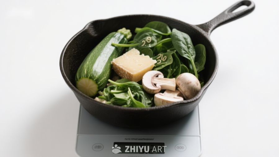 铸铁锅中蔬菜食材称重