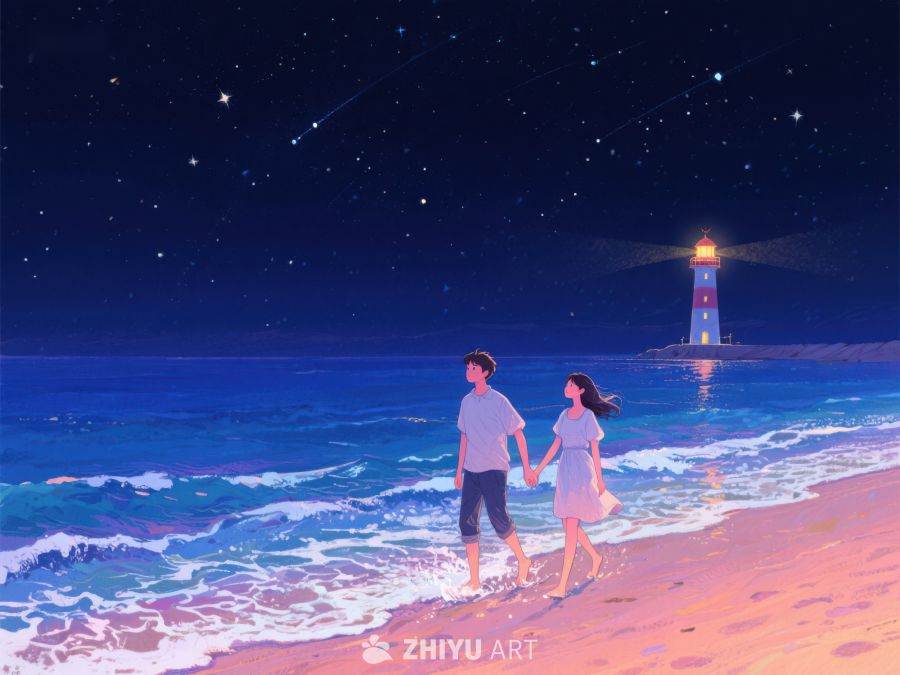 夜空下的灯塔与海滩漫步 976