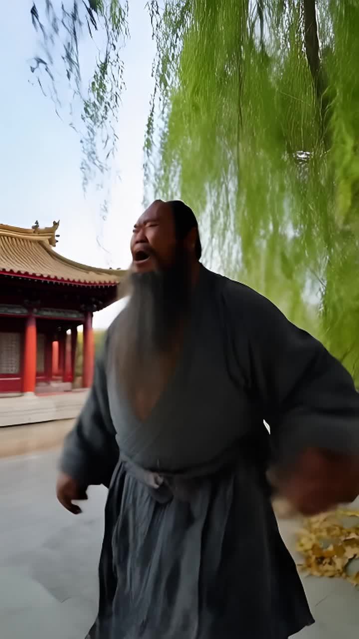 一个满脸胡子的男人，身穿灰色长袍，张着嘴，似乎在咆