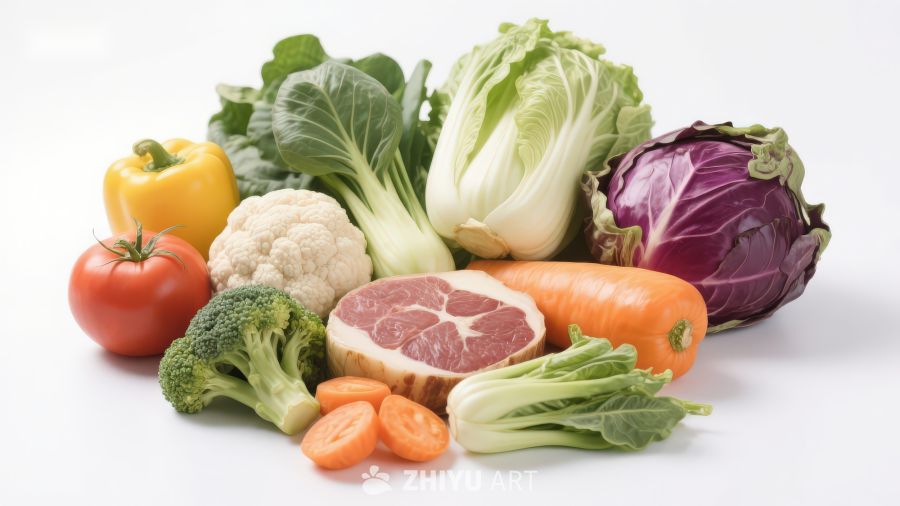 新鲜蔬菜与肉类组合展示