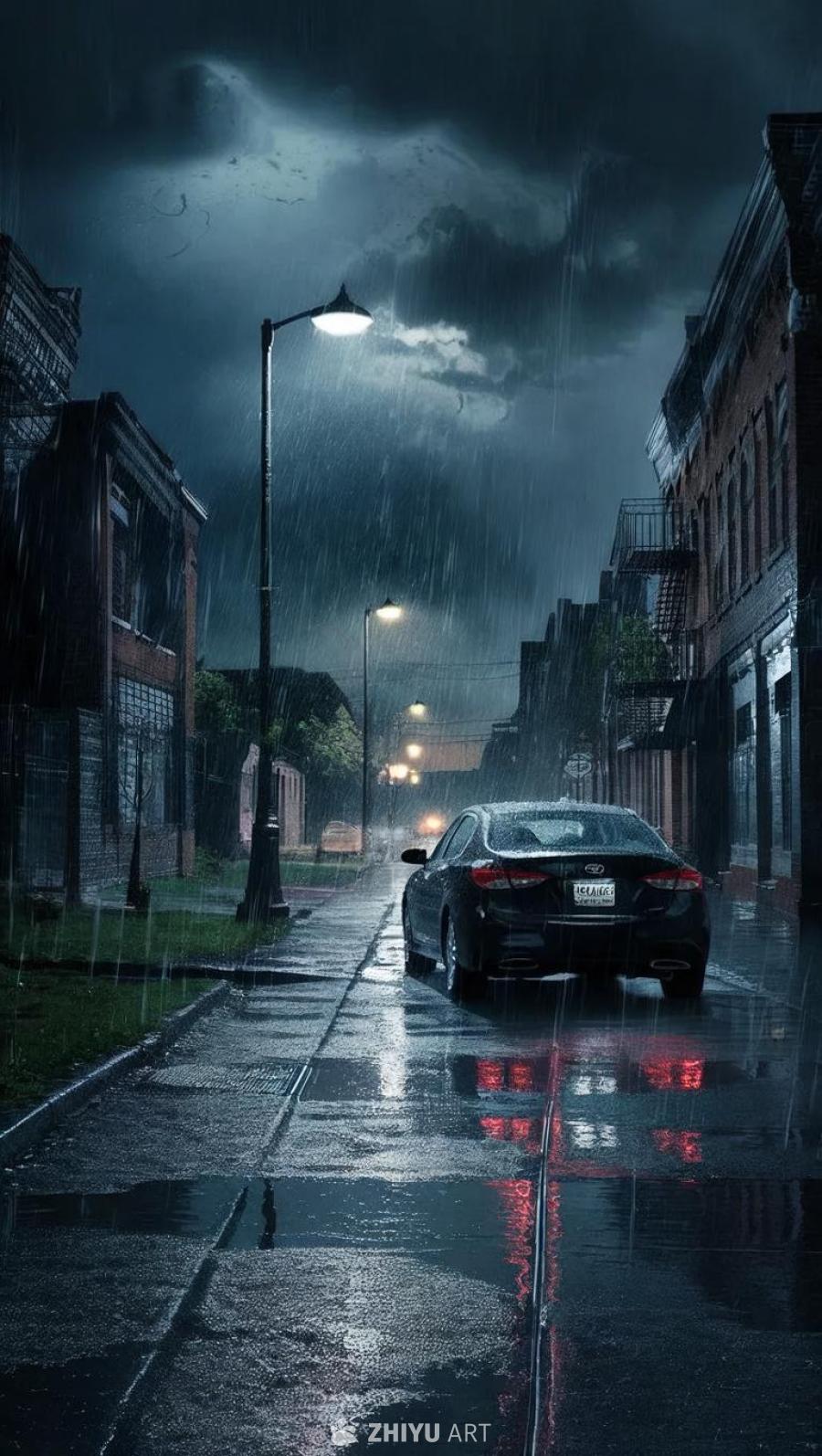 夜晚下着雨，一条黑暗的街道被一盏昏暗的路灯照亮。天