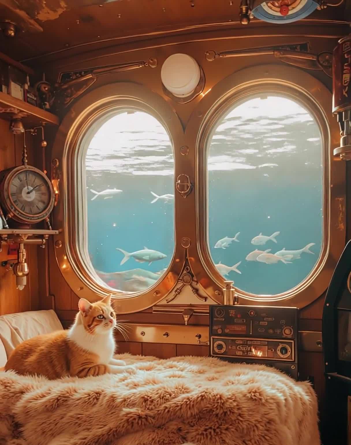 潜艇内猫咪观赏海底世界，复古风格设计