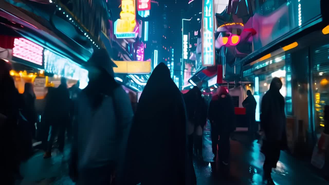 夜晚的赛博朋克市场，霓虹灯光映照在积水中。一个披着