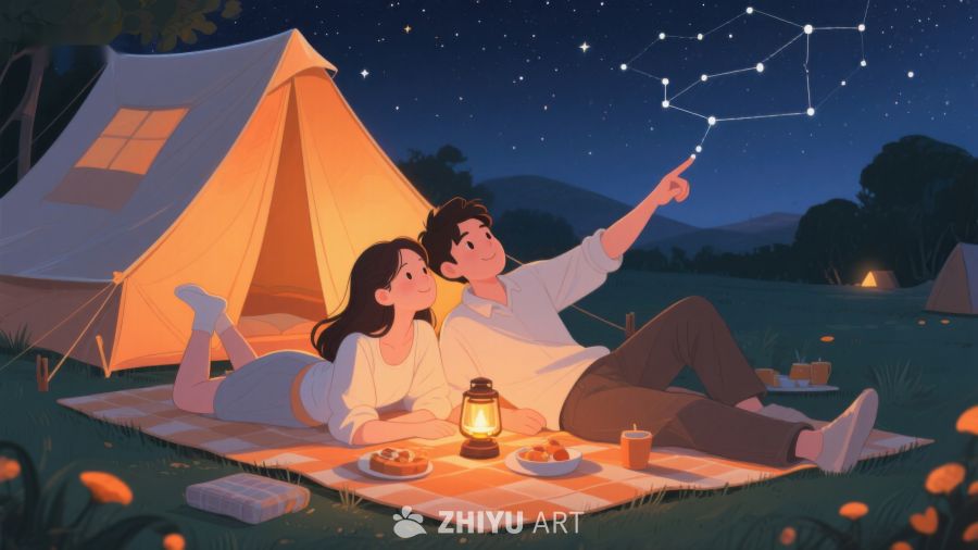 夜空下露营的情侣 586