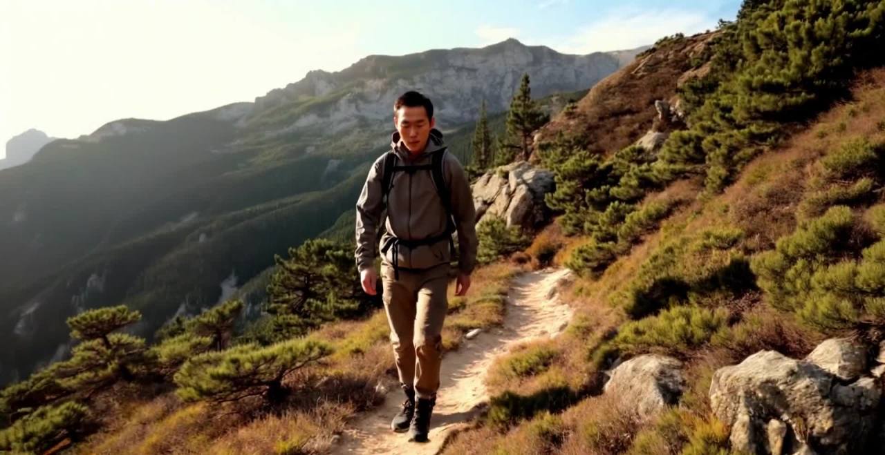 男子登山背着背包行走，晴朗天空下山峦叠嶂。
