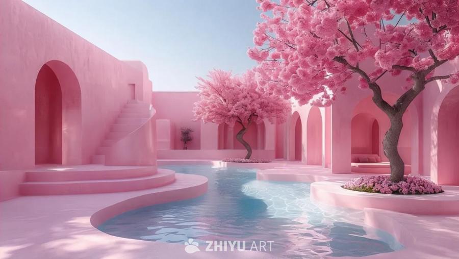 一片粉色的建筑群，有拱门和楼梯。建筑群中有一个水池
