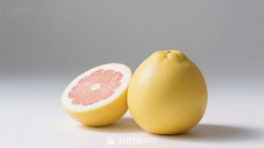 新鲜柚子，一半切开展示果肉