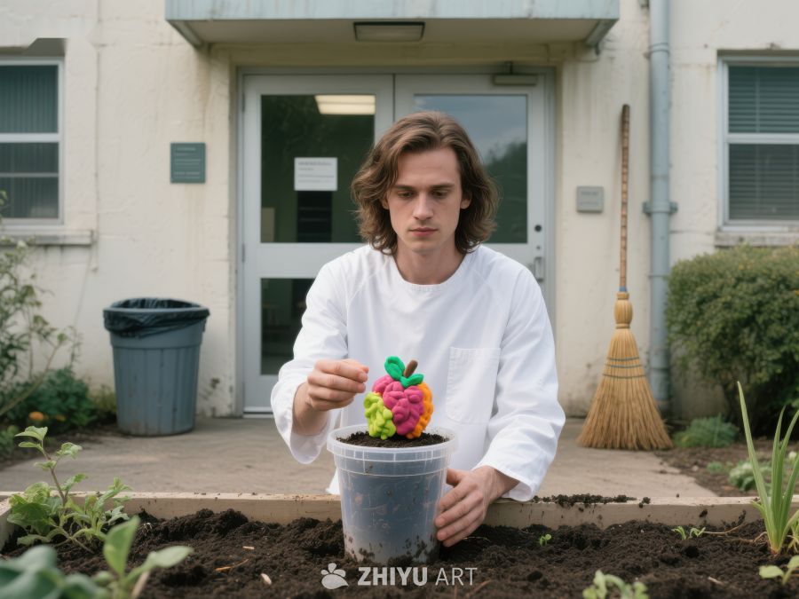 男子手持盆栽，种植彩色果实 297