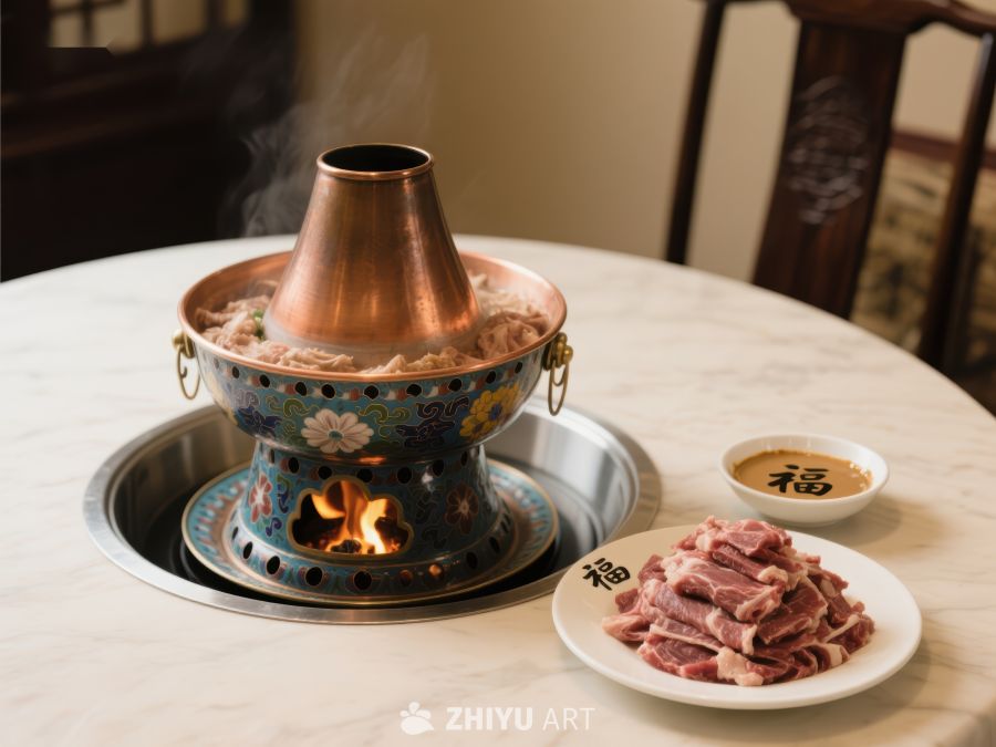 热气腾腾的火锅与新鲜肉片 546