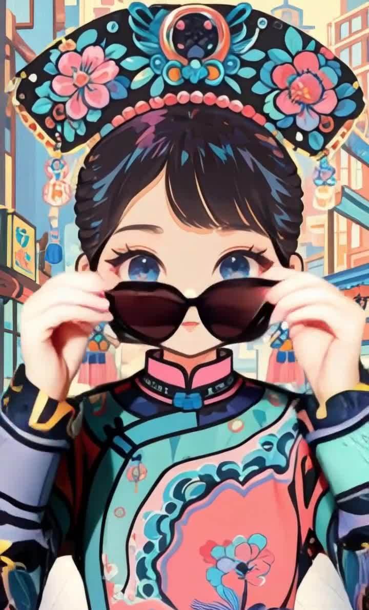 戴花帽穿传统服饰的卡通女孩街景图