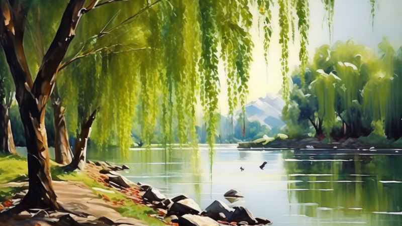河边柳树插画风景图 11