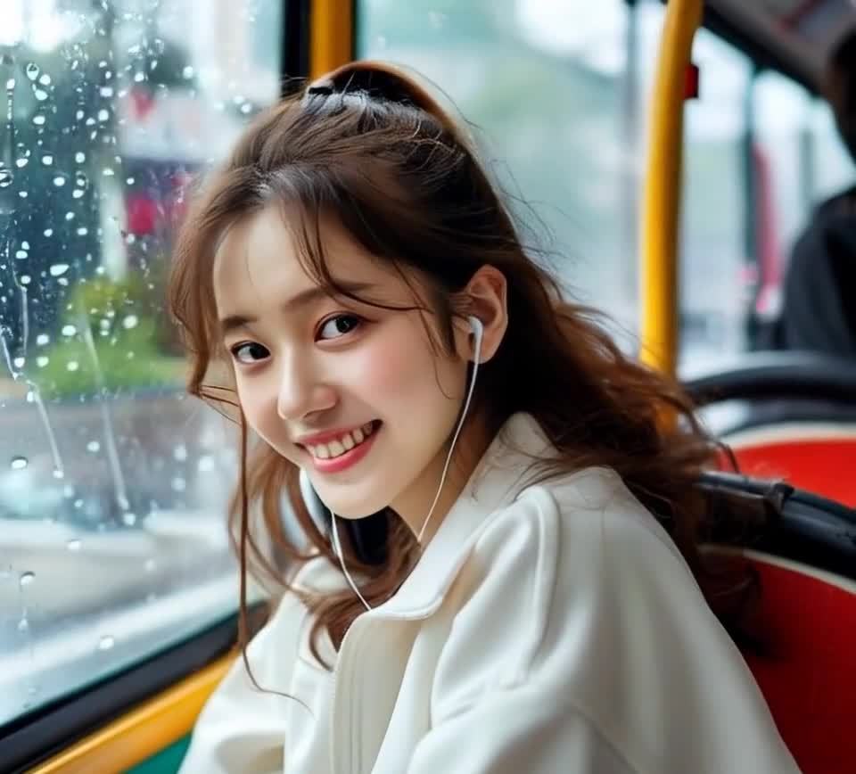 雨天公交车上的耳机少女