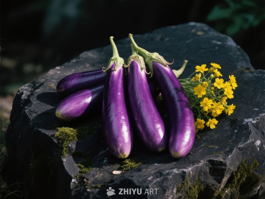 紫色茄子与黄色小花置于岩石上 390