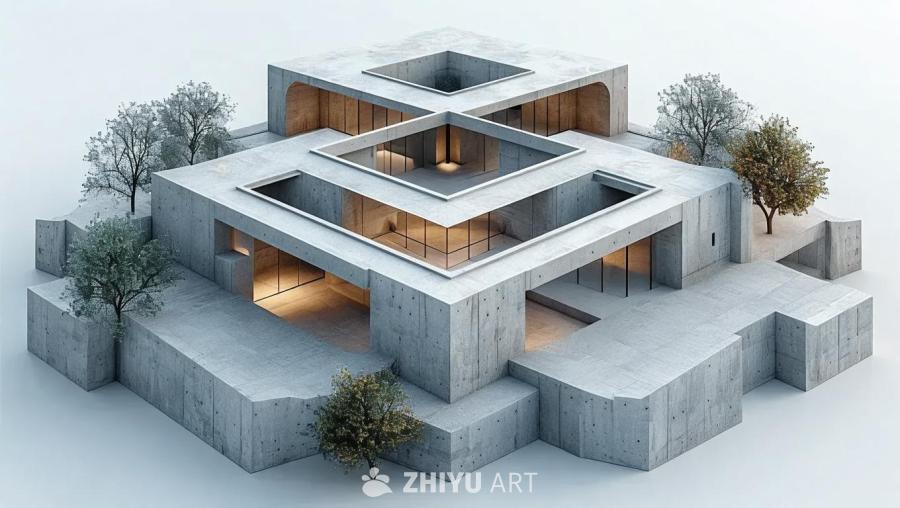 一个多层混凝土建筑，拥有清晰的层级结构，由实体形状