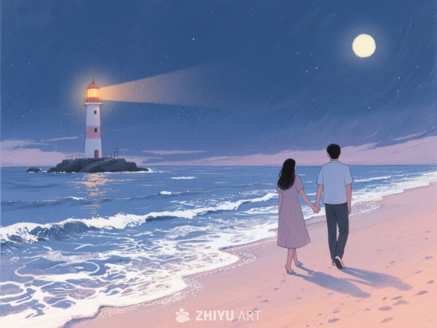 月夜海滩漫步，灯塔指引方向 1232