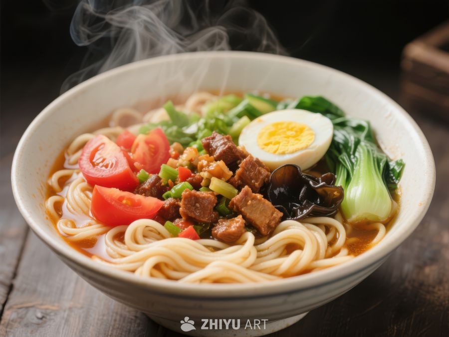 热腾腾的牛肉面配蔬菜和鸡蛋 996