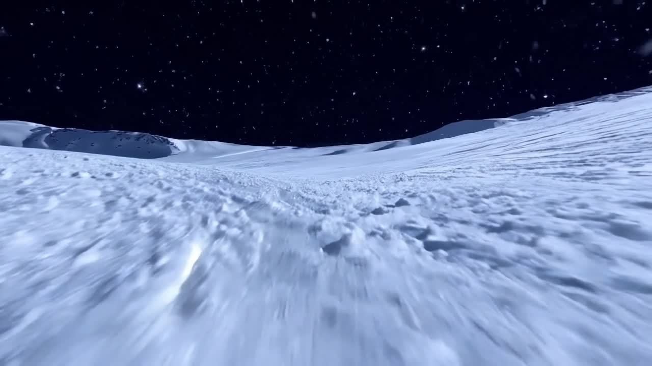 一片广阔的雪原在深邃的夜空下延伸。强风裹挟着大雪，